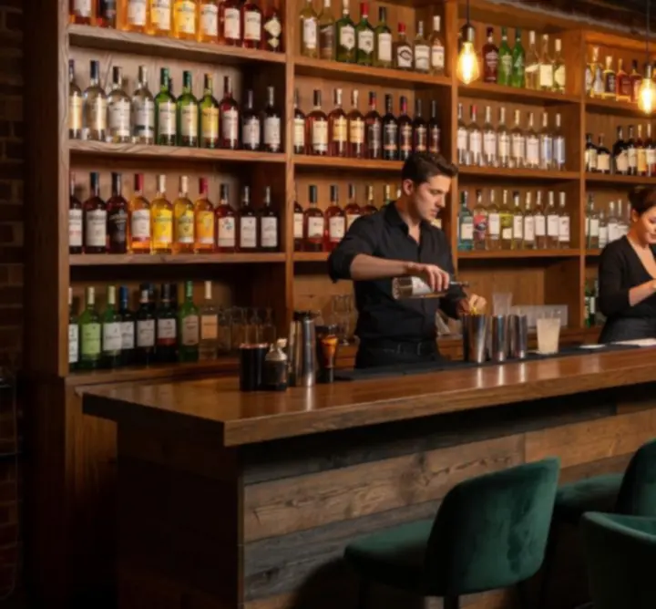 Nowoczesny bar STACKLURE wieczorem z oświetlonym barem i butelkami alkoholi.