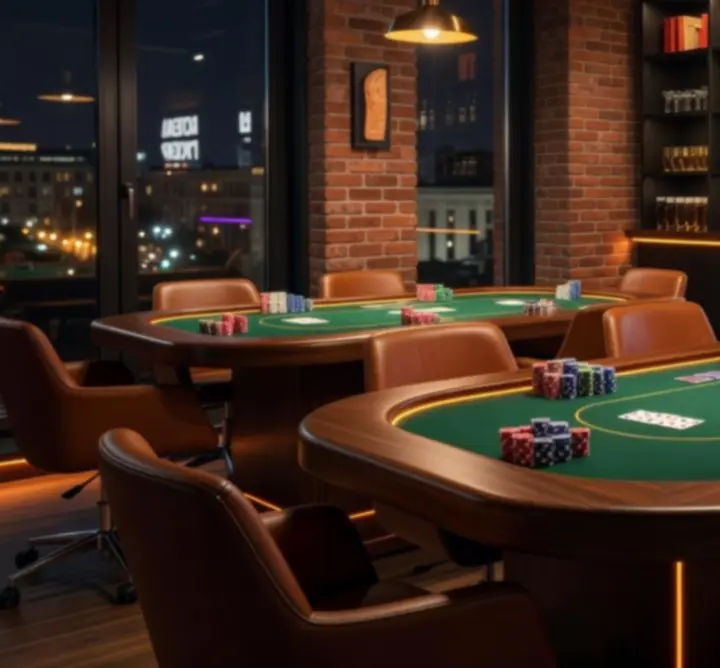 Wnętrze strefy pokerowej STACKLURE z profesjonalnymi stołami